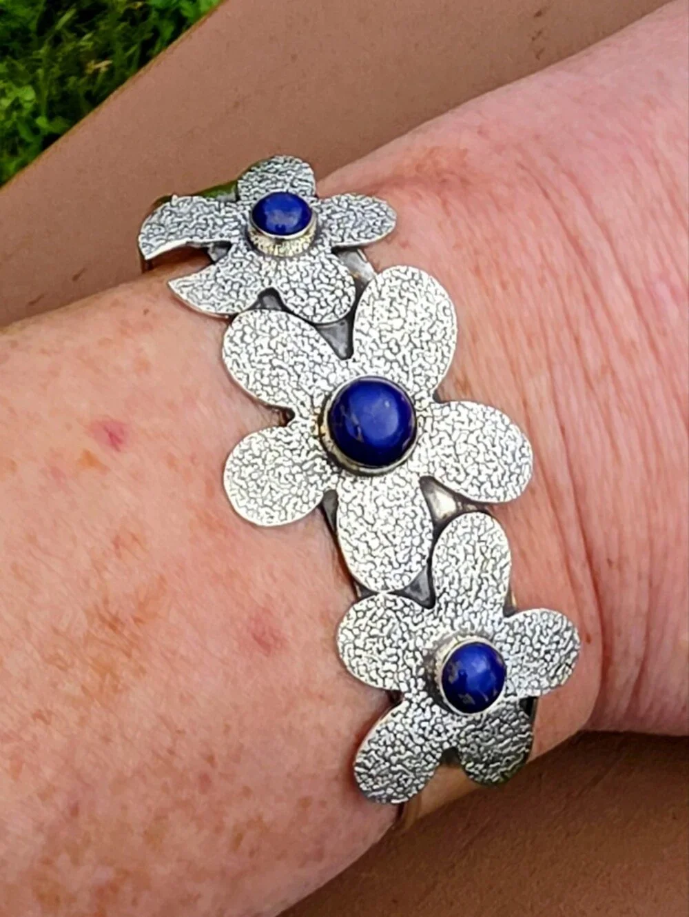 Lapis Lazuli Gemstone Cuff Bracelet In 925 Sterling Silver (Adjustable)